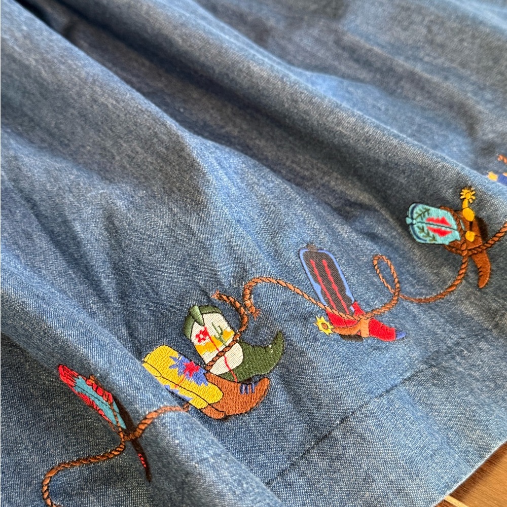 Vintage Bechamel Denim Midi Skirt with Western Boot Embroidery (80s/90s)